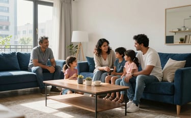 A South Asian family enjoying their time in a clean, sunlit living room of a modern urban apartment. The atmosphere is warm and supportive, with natural light and high-quality furniture in shades of dark blue and off-white.