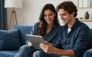 A stylish couple in a chic Global / Western living room seamlessly managing their household digital subscriptions on a high-end tablet. Shot with a clean, airy aesthetic, integrating navy blue tones.