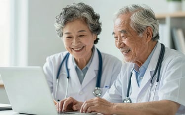 A warm, bright image of an elderly couple smiling while looking at a laptop, interacting with a remote doctor. Trustworthy, caring, and professional vibe. Soft daylight, incorporating colors like #92B7C0 and #F2F6F7.