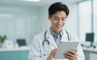 A professional doctor in a clean white coat smiling empathetically while looking at a tablet screen. The background is a bright, modern medical office with subtle teal (#2A6B7E) accents. High-key lighting, clean composition, minimalist medical aesthetic.