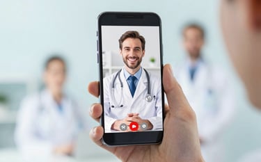 A close-up of a hand holding a modern smartphone displaying a video call with a medical specialist. Soft bokeh background with light blue (#92B7C0) and white tones. Professional and reassuring atmosphere.