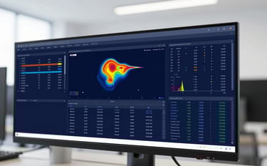 Close-up of a high-tech computer monitor displaying complex data heatmaps, statistics, and audience tracking metrics in a sleek, modern office setting. The professional atmosphere uses a brand palette of deep dark blue (#243441) and clean white light.