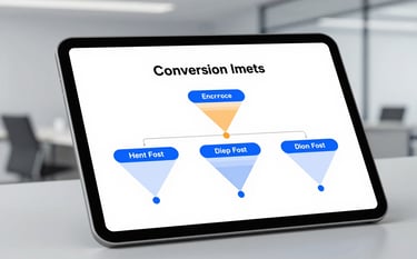 A close-up of a professional tablet screen illustrating a high-conversion sales funnel architecture with clean diagrams. The background is a soft-focus modern corporate office in light grey (#BCCED9), reflecting professional and authoritative direct marketing expertise.