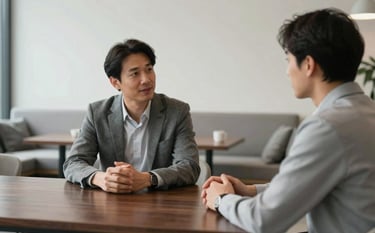 A candid shot of a mentorship session in a sophisticated, minimalist lounge. Two people are talking intently across a dark wood table. The color palette includes slate grey and pearl white. The atmosphere is trustworthy and professional.