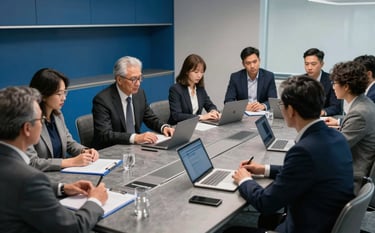 A collaborative management meeting in a modern boardroom. The scene features steel blue accents and slate grey furniture. Professionals are engaged in an efficient workflow discussion. The style is professional and forward-thinking with sharp focus and clean lines.