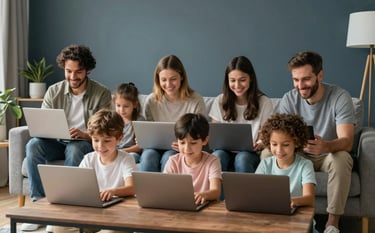 A Global family in a modern living room setting, everyone happily connected to multiple devices. The interior features Deep Slate and Soft Mist tones with clean, natural lighting.