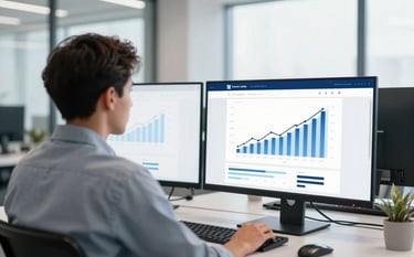 A bright, professional office setting with wide windows. A digital entrepreneur is seen from behind, looking at a clean dual-monitor setup displaying growth charts. The palette uses #F8FBFB and #476A6B. The lighting is inspiring and bright.