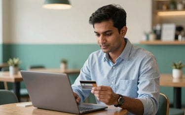 A professional South Asian / Indian man in business casual attire sitting in a well-lit, contemporary cafe, focused on his laptop screen while holding a debit card. The atmosphere is trustworthy and dynamic, utilizing sea green accents.