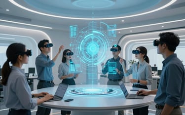 Wide-angle photograph of a collaborative corporate setting in a futuristic North American office. Employees are using AR glasses to interact with a suspended 3D data visualization glowing in bright cyan blue. The atmosphere is professional and collaborative, lit with soft pale blue light.