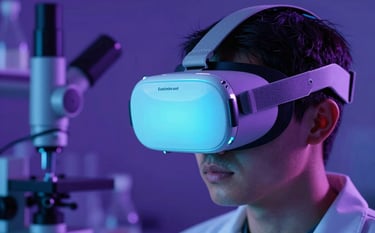 A close-up photograph of a professional in a modern North American research lab wearing a sleek, high-tech VR headset, glowing with soft bright cyan blue light. The background is a sophisticated blur of deep royal purple and midnight blue laboratory equipment, emphasizing innovation and focus.
