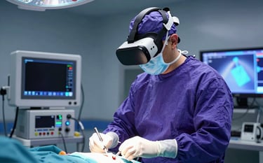 Cinematic photograph of a specialized surgical training simulation in a North American medical facility. A surgeon wears haptic gloves and a VR headset, with deep royal purple and bright cyan blue lighting highlighting the high-tech equipment and precision of the scene.