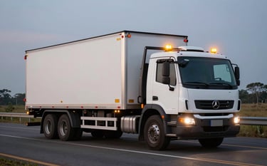 Powerful heavy-duty tow truck with yellow emergency lights active, securing a large white cargo van on a South American / Brazilian highway shoulder at twilight, cinematic lighting, sleek and professional atmosphere.