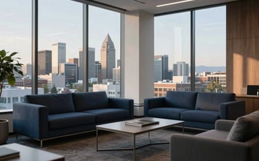 A high-end, modern corporate office in North American / US style with floor-to-ceiling windows and a view of the Spokane skyline. The interior features sophisticated furniture in dark blue and grey tones, soft morning sunlight, and a professional, quiet atmosphere.