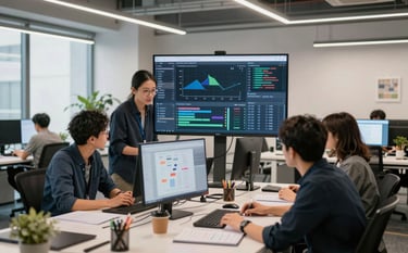 A modern creative studio space with digital analytics displayed on screens, professionals collaborating over brand strategy, bright and empowering lighting, international office aesthetic.