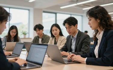 A bright, modern learning environment with professional adults engaged in collaborative study with high-end laptops, soft natural light, clean architectural lines, reflecting an international English-speaking market setting.