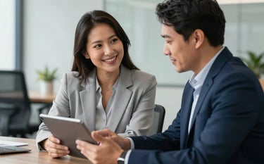 A South American career mentor and a client in a friendly, empathetic conversation in a modern office setting. They are looking at a tablet together. The atmosphere is supportive and professional with silver and dark blue tones.