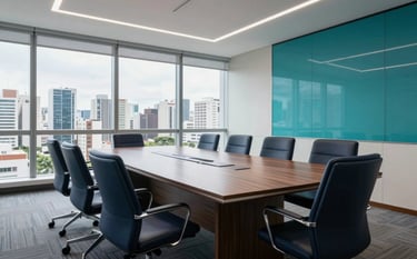 A wide shot of a modern, clean Brazilian corporate boardroom with large windows overlooking a city skyline. The lighting is bright and inspiring, emphasizing a forward-thinking and professional atmosphere in navy and teal hues.