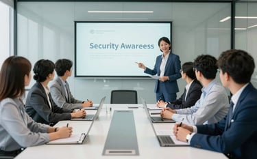 A collaborative corporate training session in a glass-walled conference room. A professional is presenting security awareness concepts to a small group. The atmosphere is bright and trustworthy, with accents of sky white and slate blue.