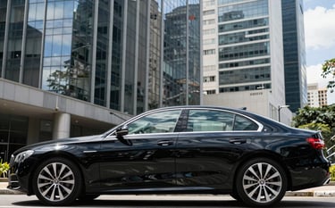 A sleek, black executive sedan parked in front of a modern glass skyscraper in São Paulo's business district. High-end professional photography, bright daylight, sharp reflections of the blue sky on the car's polished surface. South American / Brazilian urban setting.