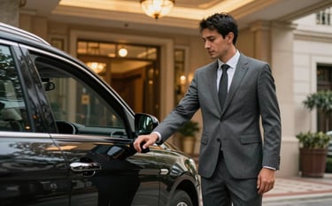 A professional chauffeur in a slate grey suit holding the door open for a passenger at a grand hotel entrance. Soft evening lighting with warm glows from the architecture. Elegant and sophisticated atmosphere. South American / Brazilian setting.