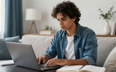 A high-quality lifestyle photograph of a South American / Brazilian student sitting in a bright, modern living room, studying comfortably with a laptop and a notebook. The lighting is natural and airy, with soft blue and pearl white accents in the decor reflecting a professional and innovative educational atmosphere.