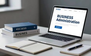 A professional and clean workspace representing a Business Administration background. A sleek modern laptop sits next to business strategy books and a notebook. The lighting is sophisticated, utilizing tones of #2C3E50 and #ECF0F1 to create a trustworthy academic atmosphere.