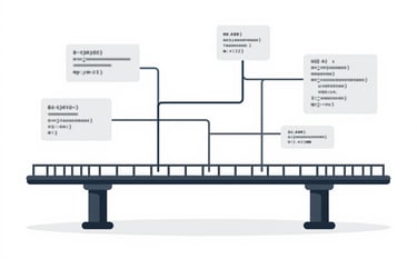A conceptual technical illustration showing the bridge between business and technology. Abstract data streams and Python code snippets are integrated into a clean, minimalist design using #0A0A0A and #B3A38C colors. The vibe is tech-forward and innovative.