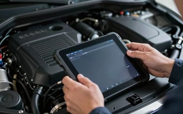 A close-up shot of a mechanic's hands using a high-tech diagnostic tablet connected to a sophisticated engine bay of a Volkswagen. Lighting is cool and professional, dominated by deep charcoal black and dark slate gray tones.