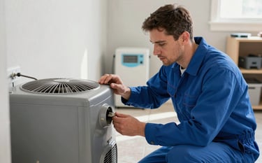 A professional HVAC technician wearing a bright blue uniform inspecting a modern furnace in a clean North American / US residential basement. The lighting is crisp and natural, highlighting a sense of expertise and reliability. Equipment in the background features subtle soft light blue accents.