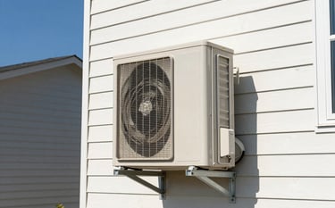 A modern outdoor air conditioning unit installed beside a clean North American / US suburban home with off-white siding. The image is captured in bright, professional photography style under a clear bright blue sky, conveying efficiency and modern home care.