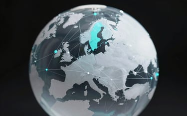 A sleek, minimalist globe with thin-line connectivity paths stretching across the European Union. Soft lighting in white and cyan, emphasizing market access and connectivity for crypto assets in a regulated environment.