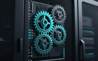 Modern server infrastructure and gears interlocked in a clean, minimalist thin-line aesthetic. The scene is illuminated with Micar Cyan highlights against a dark onyx black backdrop, representing secure technical and operational integration.