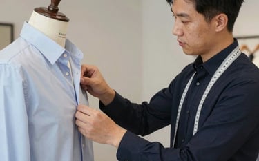 A fashion designer adjusts a white satin bridal gown on a tailor's mannequin.