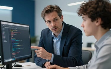 A professional close-up of a mentor and a student in a modern office. They are discussing code shown on a monitor screen. The room is decorated in tones of deep blue and light blue-grey, emphasizing a collaborative and intelligent environment.