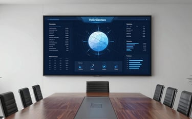 A wide-angle shot of a corporate boardroom with a minimalist aesthetic. On a large wall-mounted screen, a sophisticated data dashboard is visible in dark navy and pale ice blue. The atmosphere is professional and visionary.