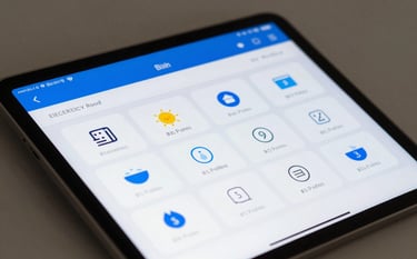 A close-up shot of a modern tablet screen showcasing a dashboard for electricity and water bill payments, professional aesthetic, clean icons, accented with #6C98A8 and #2E6A8A, trustworthy and efficient atmosphere.