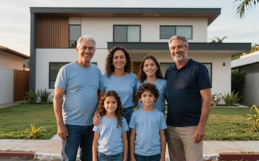 A happy family standing safely in front of a contemporary home in a South American / Brazilian neighborhood. The lighting is soft morning sun. The colors of their attire harmonize with Light Blue and Dark Navy, emphasizing protection and security.