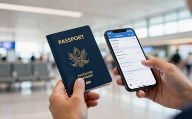 A close-up shot of hands holding a passport and a smartphone displaying a travel itinerary, taken in a bright South American / Brazilian airport or lounge. The aesthetic is modern and clean with tones of Steel Blue and Off-White.