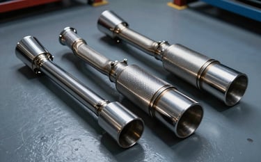 High-end automotive workshop in the US featuring chrome performance exhaust components. Dramatic lighting highlighting metallic surfaces and high-performance engineering. Silver and medium blue-grey palette.