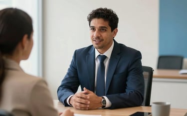 Photography of a professional South American lawyer in a bright, modern office in Brazil, having an empathetic conversation with a client across a desk, natural soft lighting, off-white and medium blue tones in the background.