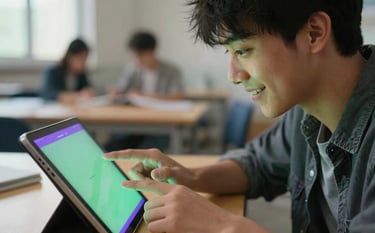 A close-up photograph of a focused student in a brightly lit modern study area, smiling at a tablet screen that glows with vibrant green and purple light. The composition is dynamic and shallow-focused. Global / English-speaking.