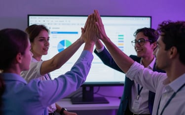 A dynamic action photograph of a team of professionals in a high-tech office environment, high-fiving in front of a large monitor. The lighting is bold and cinematic with purple highlights. Global / English-speaking.