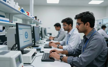An innovative laboratory setting where South Asian engineers are working with AI automation systems, clean white laboratory desks with high-tech equipment, professional corporate environment in South Asia, focused on digital transformation.