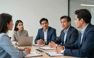 A collaborative scene of Latin American insurance brokers discussing strategy in a contemporary meeting room. Soft, professional lighting highlights a sense of teamwork and accessibility. The attire is professional-casual. Palette features medium blue and off-white tones.