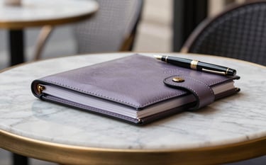 Close-up of a luxury leather planner and a premium fountain pen on a marble table in a chic European / Parisian French cafe. The color palette includes muted lavender grey and dark charcoal black. Soft morning light, blurred city background, ultra-elegant aesthetic.