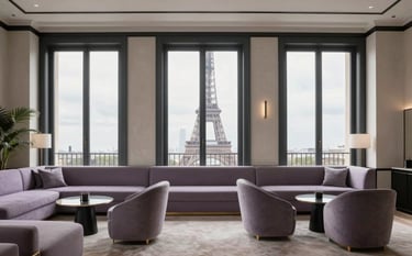 A wide shot of a minimalist, luxury lounge in a European / Parisian French hotel. Architecture is clean with dark charcoal lines and soft off-white textures. Large windows showing the Eiffel Tower in the distance. High-end modern furniture in muted lavender grey. Professional photography, bright and airy.