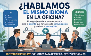 Equipo en junta con infografía sobre comunicación entre TI y Negocio para niveles C-Level