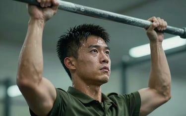 A close-up shot of a determined recruit performing a pull-up on a metal bar. Sweat and focus are visible, emphasizing strength and military discipline. Cinematic lighting with #3E544D and #8D9D95 tones.