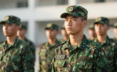 A focused Brazilian Marine recruit in a green camouflage uniform standing at attention during training. The lighting is crisp morning sun, creating a serious and disciplined atmosphere. Style: Professional military photography using #3E544D and #1A1E1C tones.