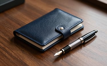 A high-end, professional close-up of a leather-bound folder and a high-quality fountain pen on a polished mahogany desk. The lighting is warm and authoritative, with soft pearl and midnight navy tones reflecting off the desk surface. Minimalist and corporate atmosphere.